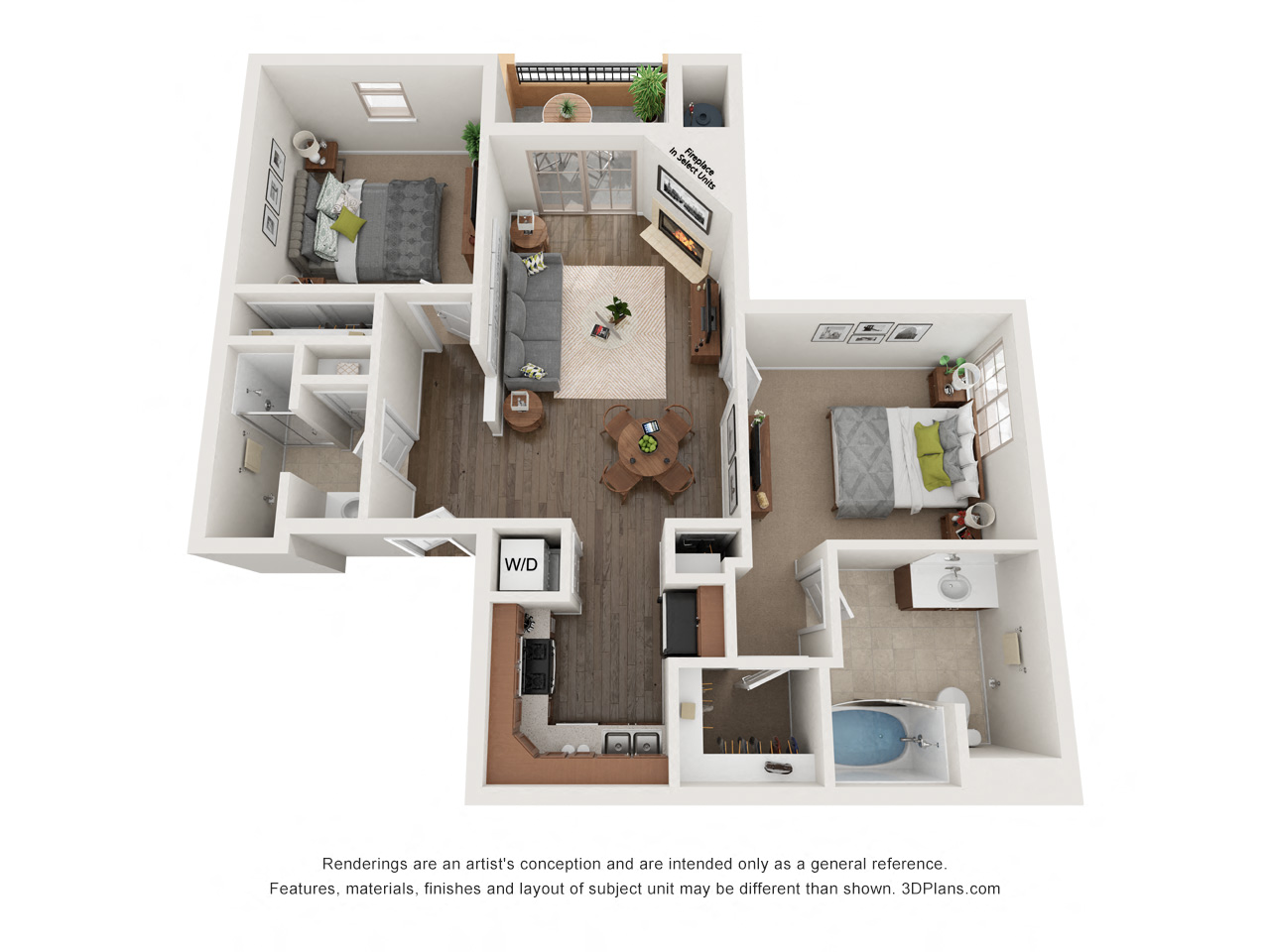 Floor plan for 2 beds, 2 baths, 917 sqft